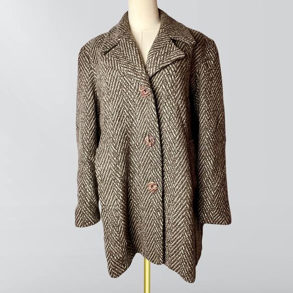 Vintage Eunkyea Brown & Tan Herringbone Pattern Wool Blend Button Up Coat - Picture 1 of 5